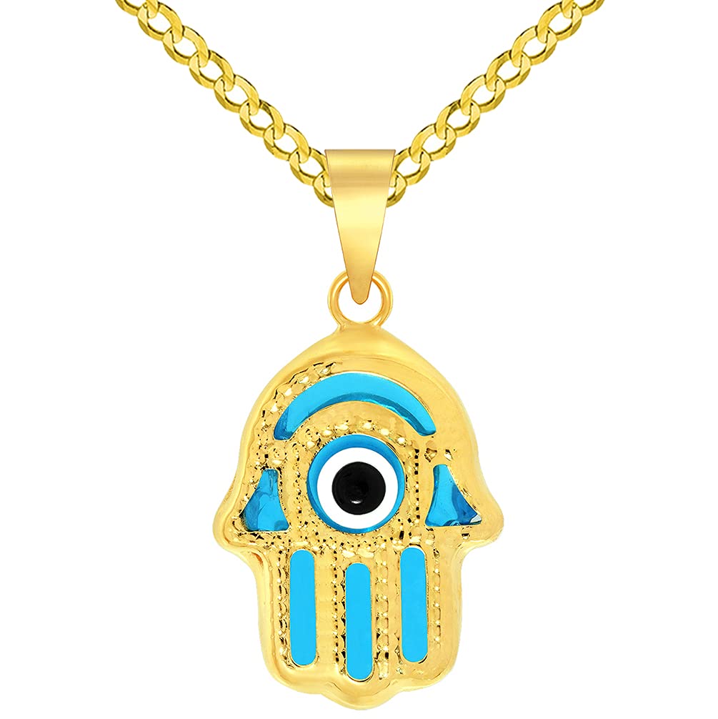 14k Yellow Gold Blue Evil Eye Hamsa Hand Charm Pendant Cuban Chain Curb Necklace