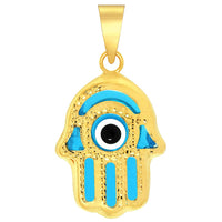 Load image into Gallery viewer, 14k Yellow Gold Blue Evil Eye Hamsa Hand Charm Pendant Figaro Chain Necklace
