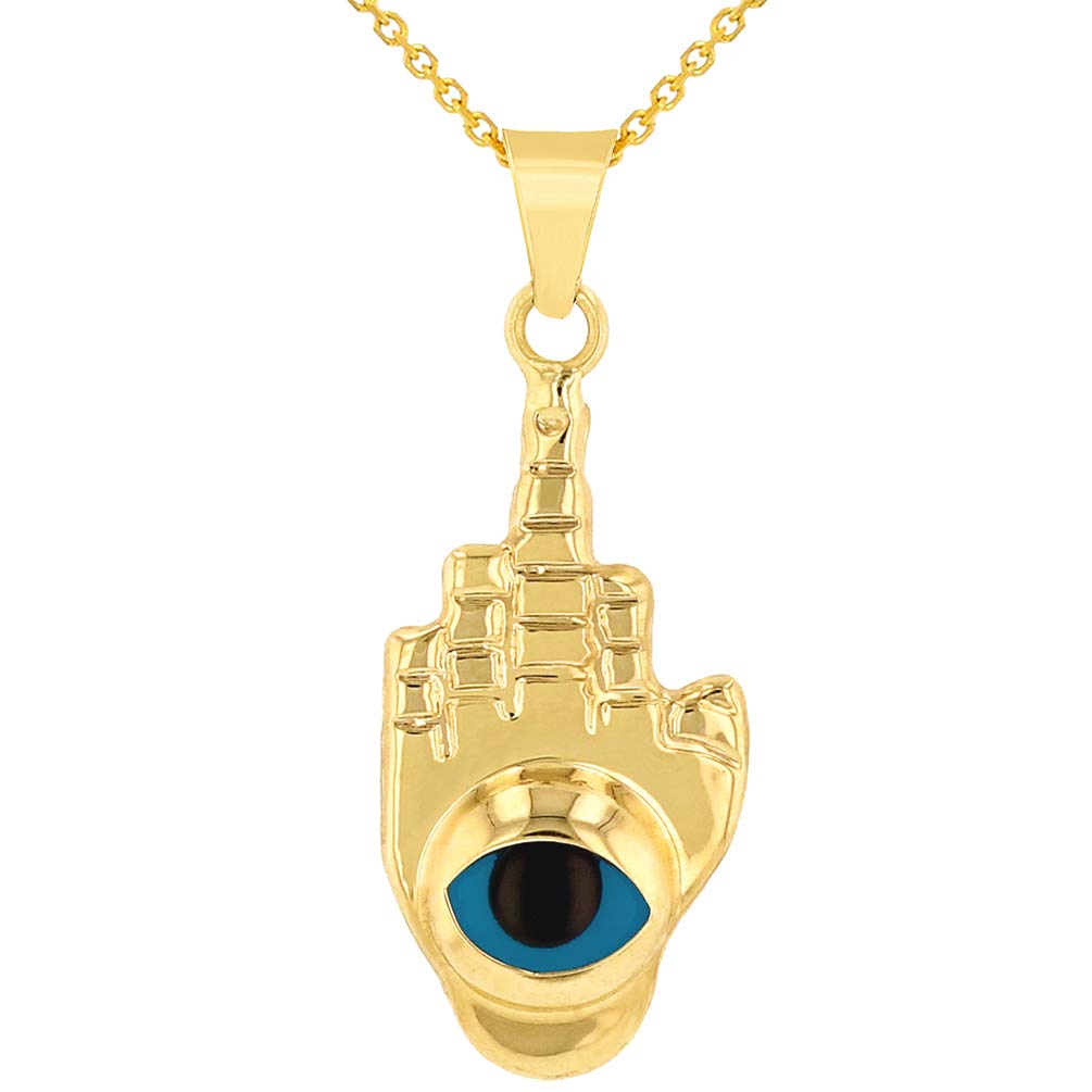 14k Yellow Gold Blue Evil Eye Hamsa Hand of Fatima Pendant Necklace