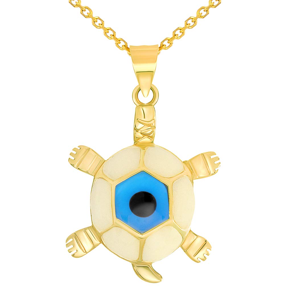 14k Yellow Gold Blue Evil Eye Turtle Pendant with Cable, Curb, or Figaro Chain Necklaces