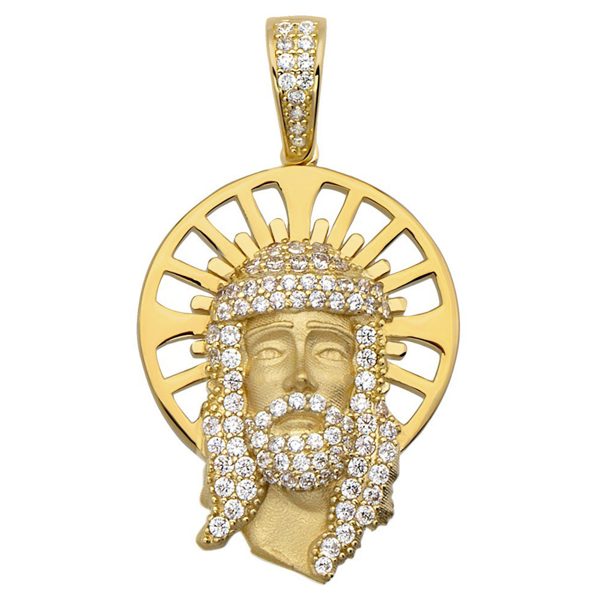 14k Yellow Gold CZ Face of Jesus Christ with Halo Pendant