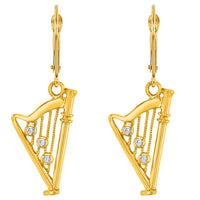 Load image into Gallery viewer, 14k Yellow Gold CZ Harp Musical Instrument Dangling Earring with Leverback
