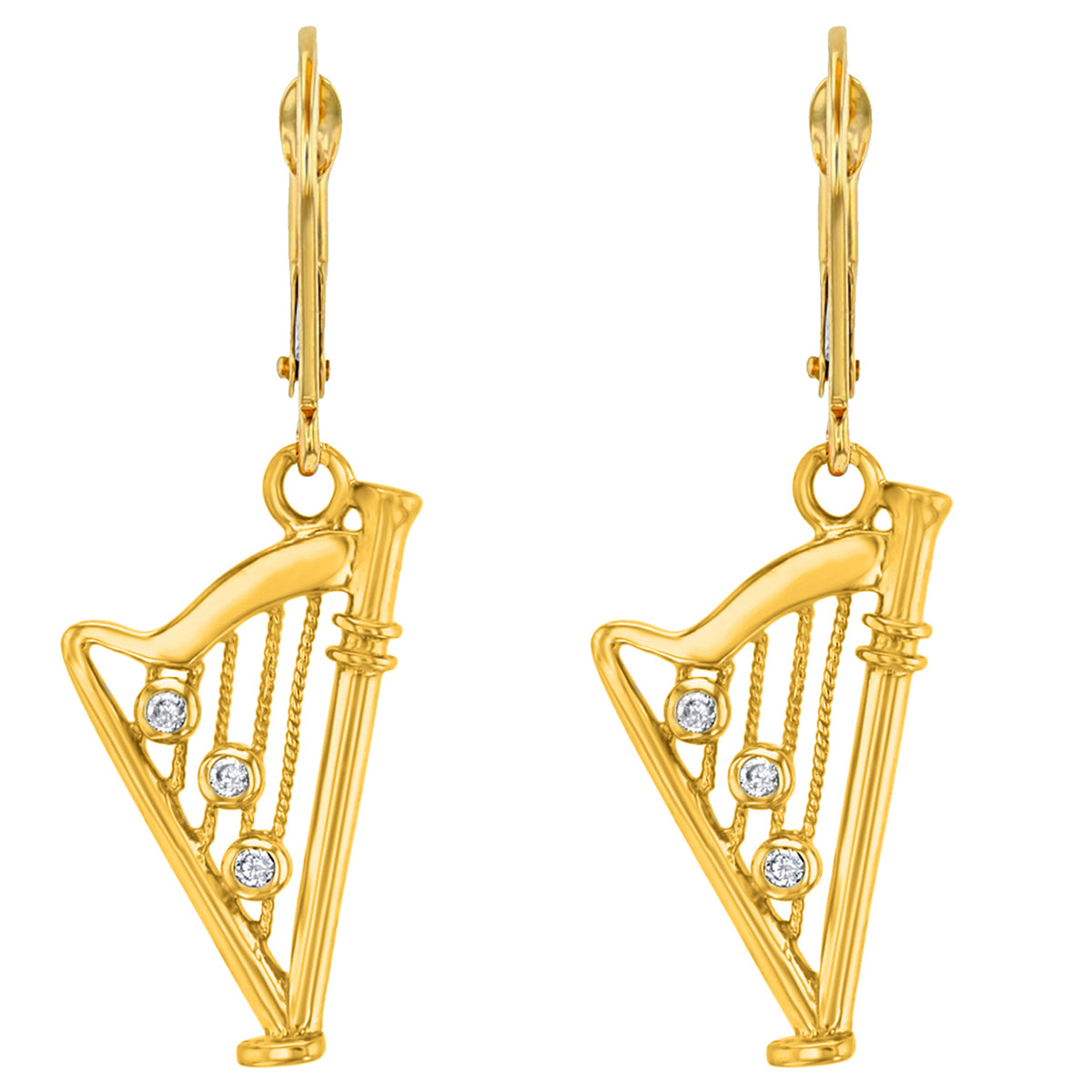 14k Yellow Gold CZ Harp Musical Instrument Dangling Earring with Leverback