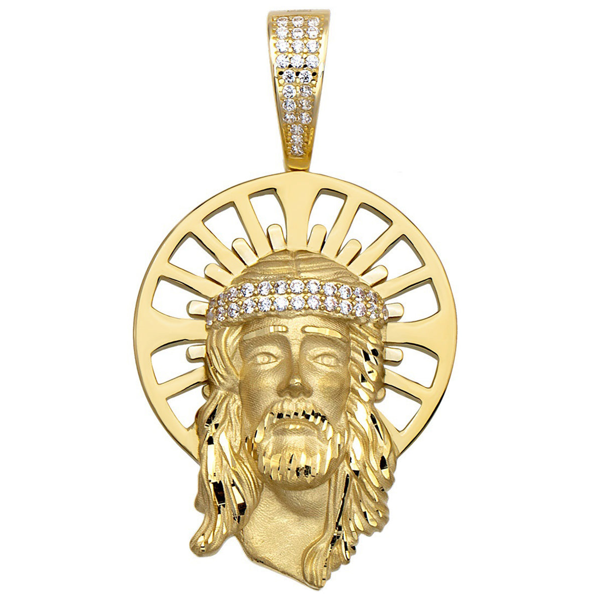 14k Yellow Gold CZ Head of Jesus Christ with Halo Pendant