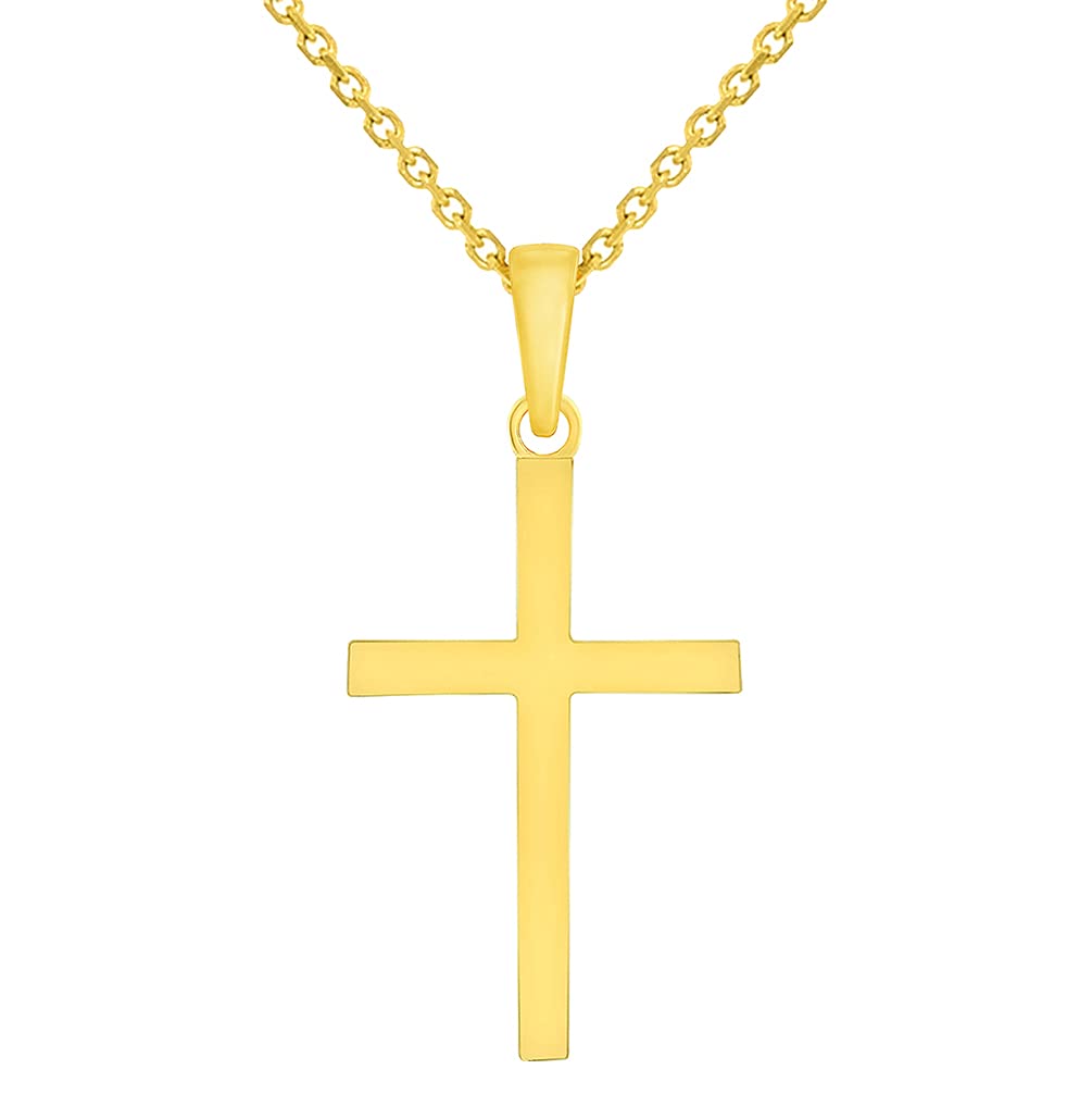 14k Solid Yellow Gold Classic Simlple Religious Cross Pendant with Rolo Cable, Cuban Curb, or Figaro Chain Necklaces