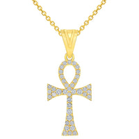 Load image into Gallery viewer, 14k Yellow Gold Cubic-Zirconia Egyptian Ankh Cross Pendant with Rolo Cable, Cuban Curb, or Figaro Chain Necklaces
