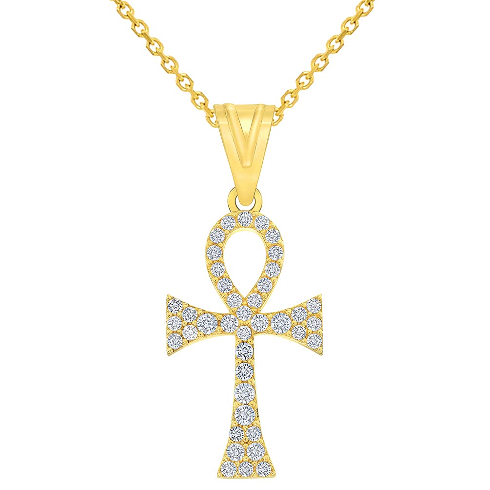 14k Yellow Gold Cubic-Zirconia Egyptian Ankh Cross Pendant with Rolo Cable, Cuban Curb, or Figaro Chain Necklaces
