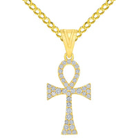 Load image into Gallery viewer, 14k Yellow Gold Cubic-Zirconia Egyptian Ankh Cross Pendant with Rolo Cable, Cuban Curb, or Figaro Chain Necklaces
