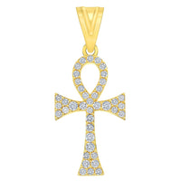Load image into Gallery viewer, 14k Yellow Gold Cubic-Zirconia Egyptian Ankh Cross Pendant with Rolo Cable, Cuban Curb, or Figaro Chain Necklaces
