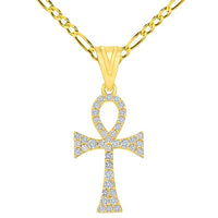 Load image into Gallery viewer, 14k Yellow Gold Cubic-Zirconia Egyptian Ankh Cross Pendant with Rolo Cable, Cuban Curb, or Figaro Chain Necklaces
