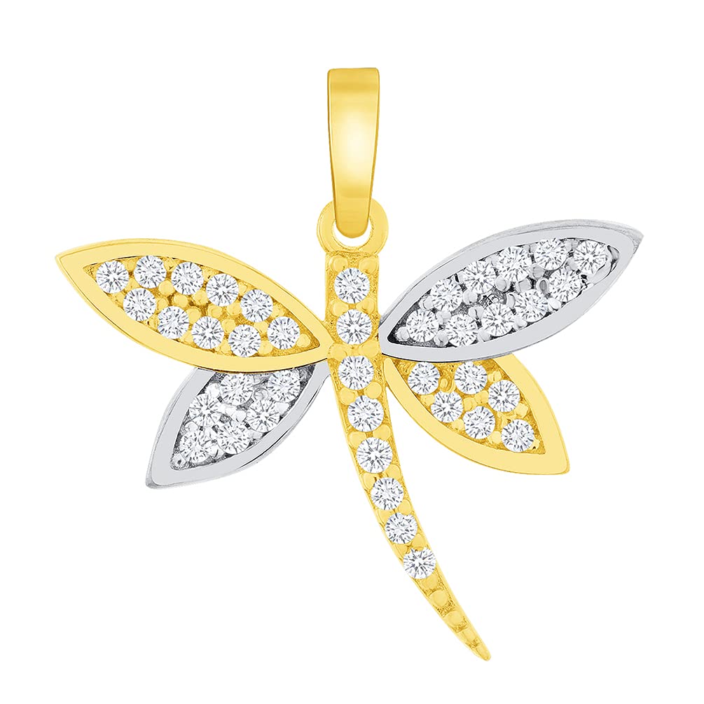 14k Yellow Gold Cubic Zirconia Two-Tone Dragonfly Pendant