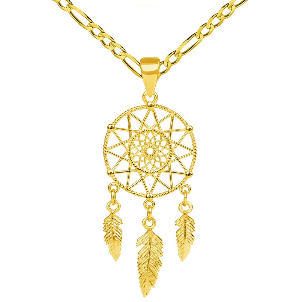 14k Yellow Gold Dainty Dreamcatcher Pendant with Figaro Chain Necklace