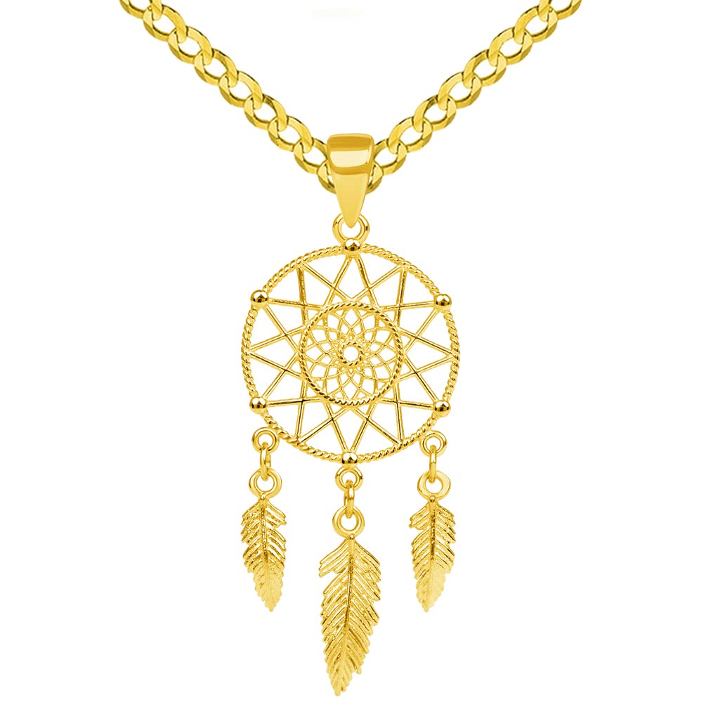 14k Yellow Gold Dainty Dreamcatcher Pendant with Cuban Curb Chain Necklace