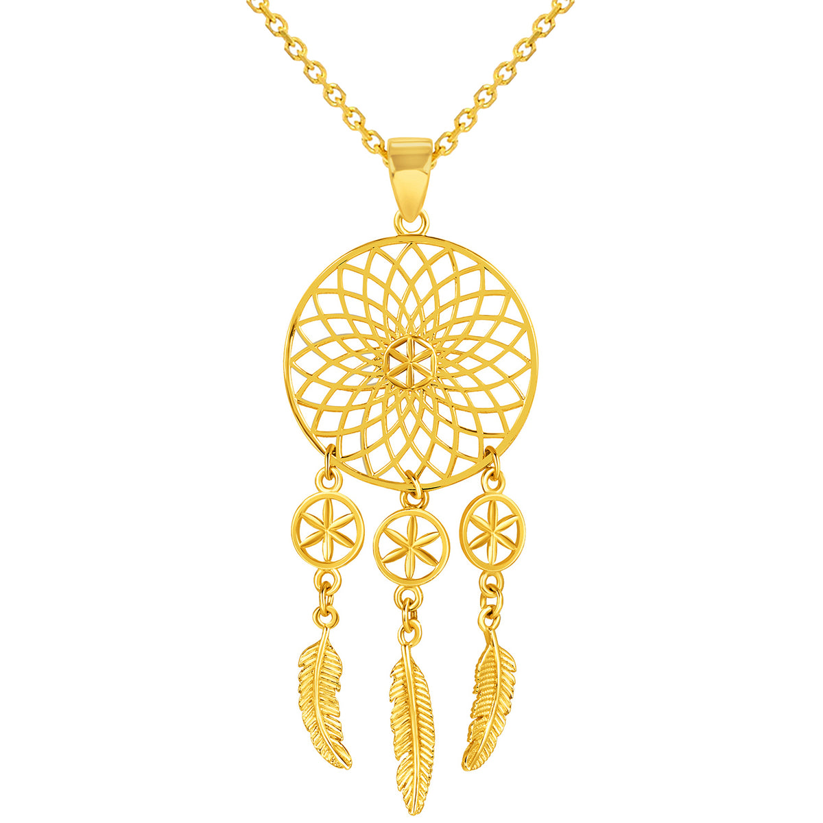 14k Yellow Gold Elegant Dreamcatcher Pendant with Rolo Cable, Cuban Curb, or Figaro Chain Necklace