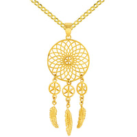 Load image into Gallery viewer, 14k Yellow Gold Elegant Dreamcatcher Pendant with Rolo Cable, Cuban Curb, or Figaro Chain Necklace
