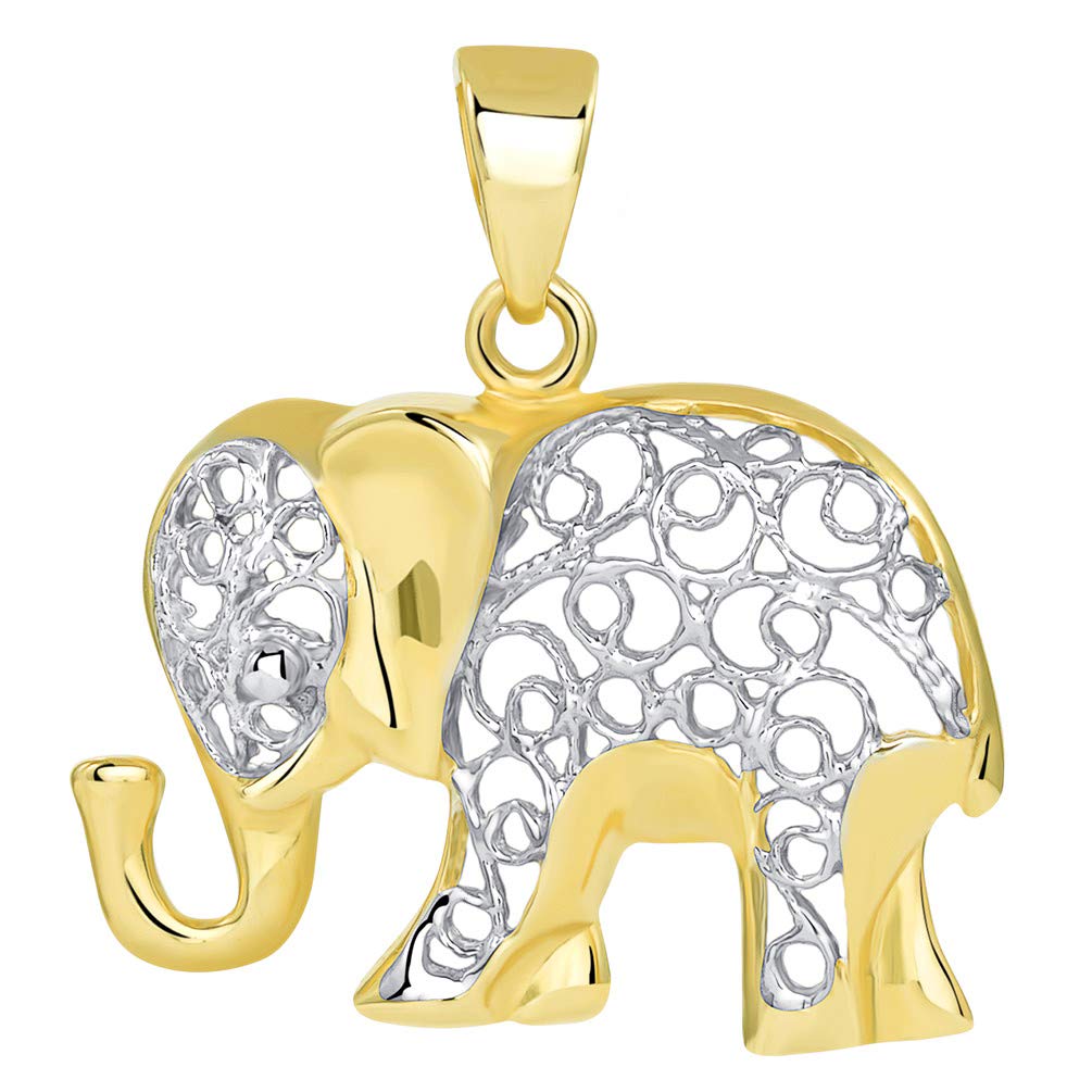 14k Yellow Gold Elegant Filigree Two Tone Elephant Pendant