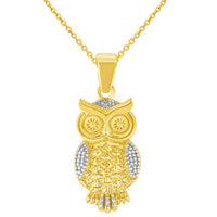 Load image into Gallery viewer, 14k Yellow Gold Elegant Owl Standing Pendant with Rolo Cable, Cuban Curb, or Figaro Chain Necklace
