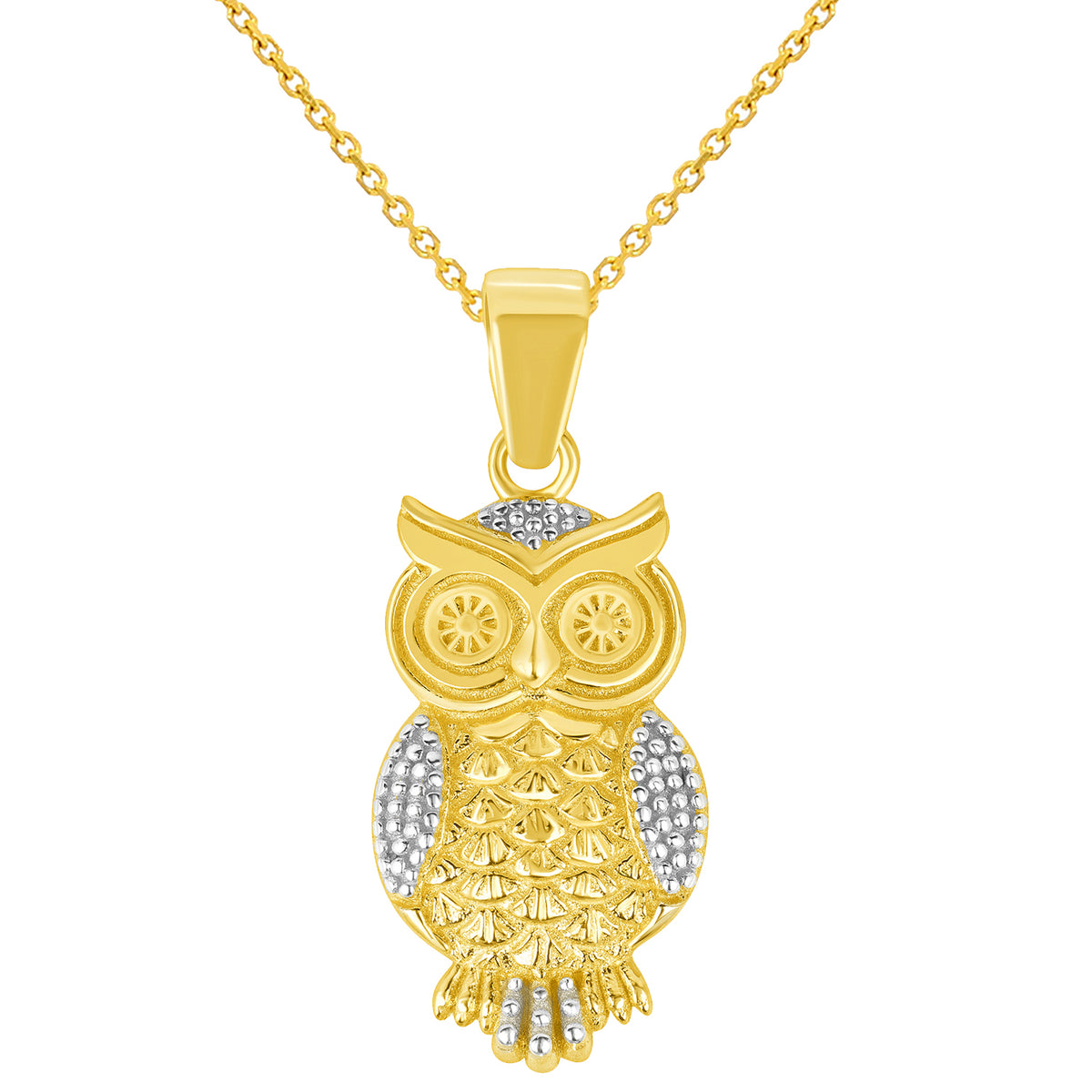 14k Yellow Gold Elegant Owl Standing Pendant with Rolo Cable, Cuban Curb, or Figaro Chain Necklace