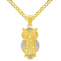 Load image into Gallery viewer, 14k Yellow Gold Elegant Owl Standing Pendant with Rolo Cable, Cuban Curb, or Figaro Chain Necklace
