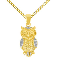Load image into Gallery viewer, 14k Yellow Gold Elegant Owl Standing Pendant with Rolo Cable, Cuban Curb, or Figaro Chain Necklace
