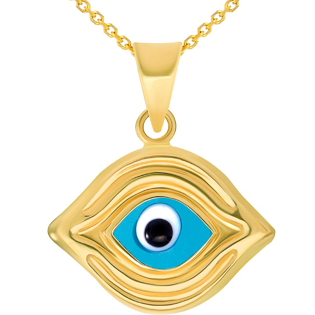 14k Yellow Gold Elegant Plain Blue Evil Eye Pendant Necklace