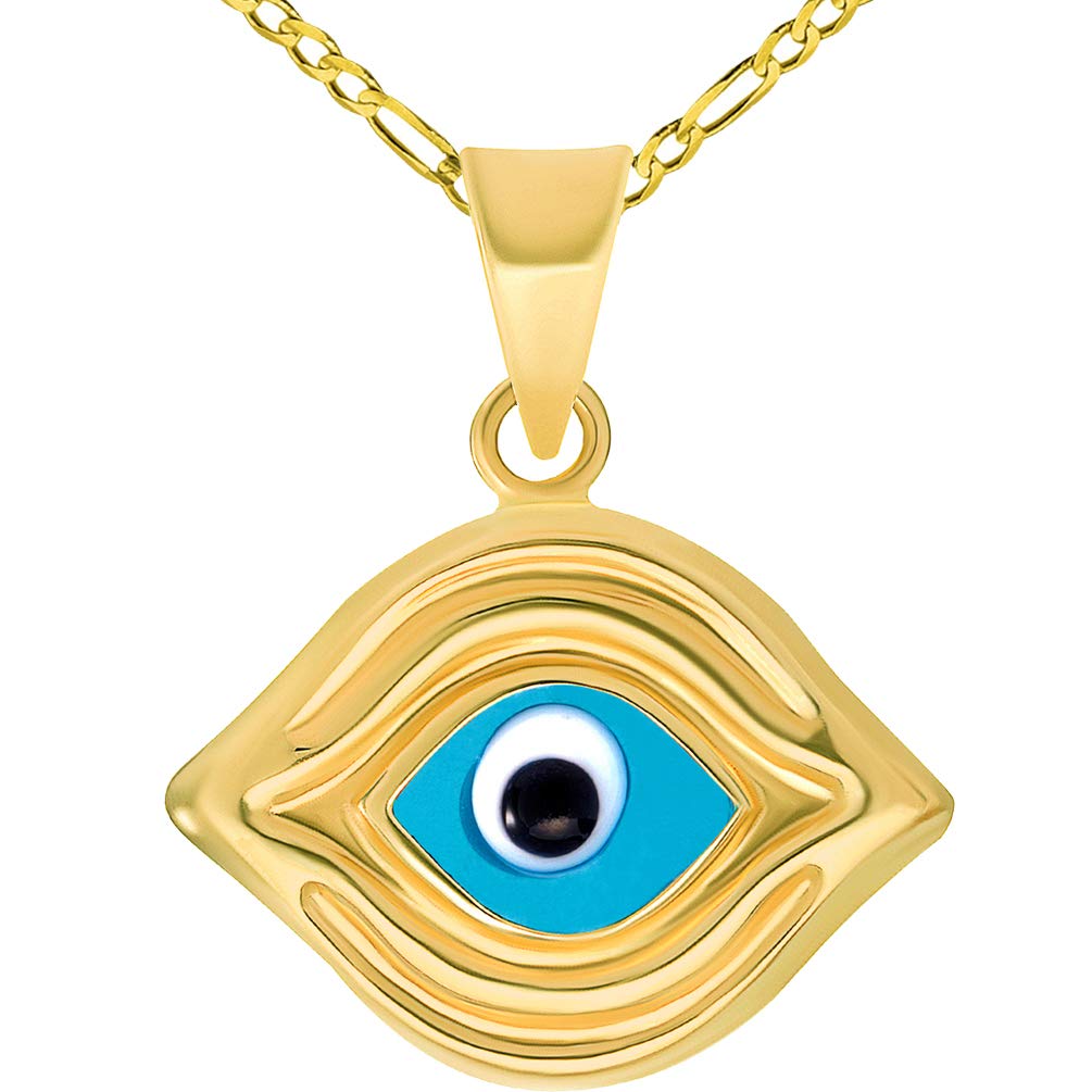 14k Yellow Gold Elegant Plain Blue Evil Eye Pendant Figaro Chain Necklace