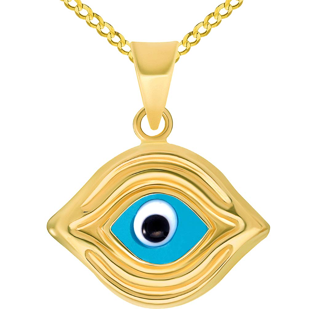 14k Yellow Gold Elegant Plain Blue Evil Eye Pendant Curb Chain Necklace