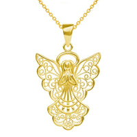 Load image into Gallery viewer, 14k Yellow Gold Filigree Angel Pendant with Rolo Cable, Cuban Curb, or Figaro Chain Necklaces

