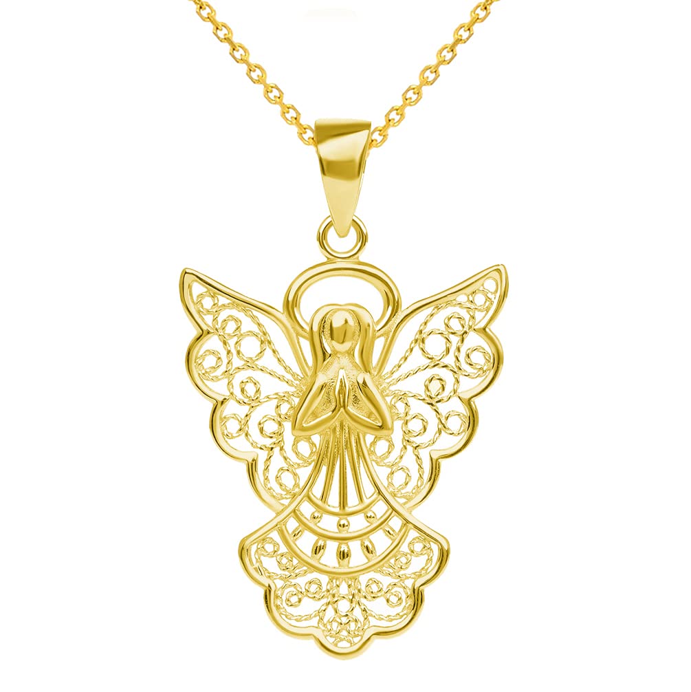 14k Yellow Gold Filigree Angel Pendant with Rolo Cable, Cuban Curb, or Figaro Chain Necklaces