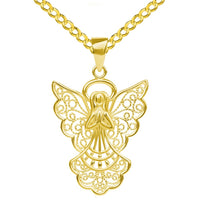 Load image into Gallery viewer, 14k Yellow Gold Filigree Angel Pendant with Rolo Cable, Cuban Curb, or Figaro Chain Necklaces
