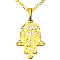 Load image into Gallery viewer, 14k Yellow Gold Filigree Hamsa Hand of Fatima Charm Pendant with Figaro Chain Necklace
