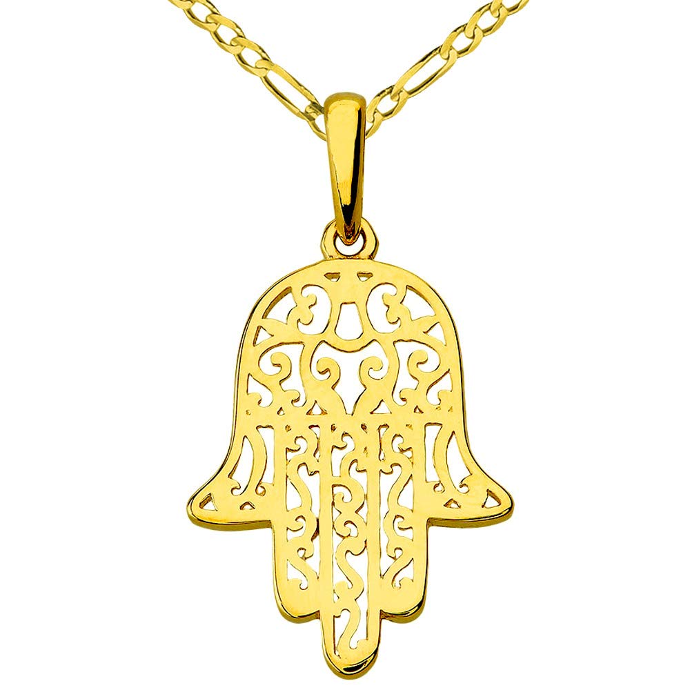 14k Yellow Gold Filigree Hamsa Hand of Fatima Charm Pendant with Figaro Chain Necklace