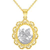 Load image into Gallery viewer, 14k Yellow Gold Filigree Patron Saint George Medal Pendant with Cable, Curb, or Figaro Chain Necklaces

