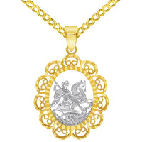 Load image into Gallery viewer, 14k Yellow Gold Filigree Patron Saint George Medal Pendant with Cable, Curb, or Figaro Chain Necklaces
