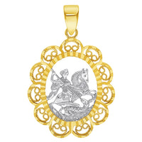 Load image into Gallery viewer, 14k Yellow Gold Filigree Patron Saint George Medal Pendant with Cable, Curb, or Figaro Chain Necklaces
