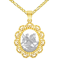 Load image into Gallery viewer, 14k Yellow Gold Filigree Patron Saint George Medal Pendant with Cable, Curb, or Figaro Chain Necklaces
