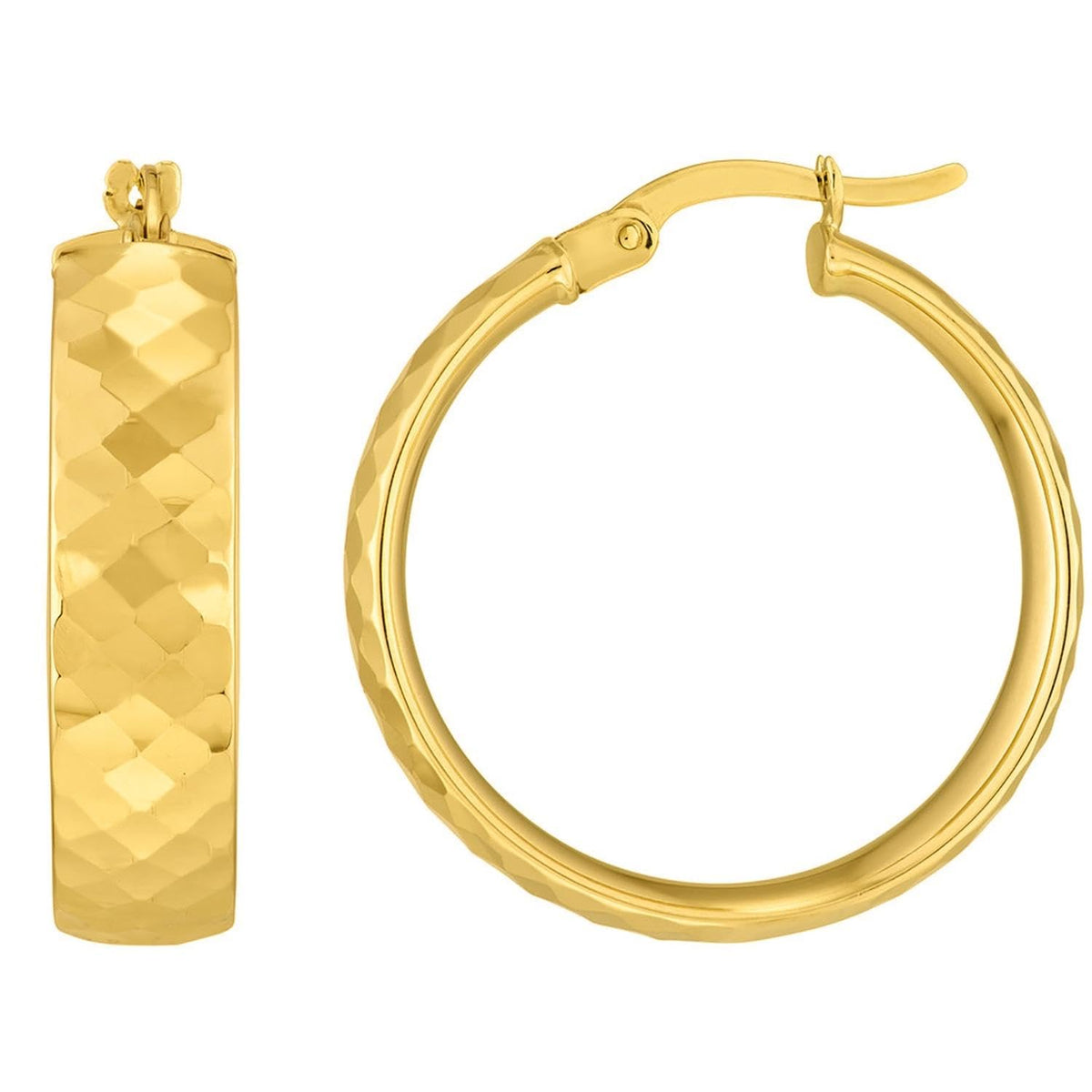 14k Yellow Gold Flat Hammerred Hoop Earrings with Latch Back, 6mm Wide