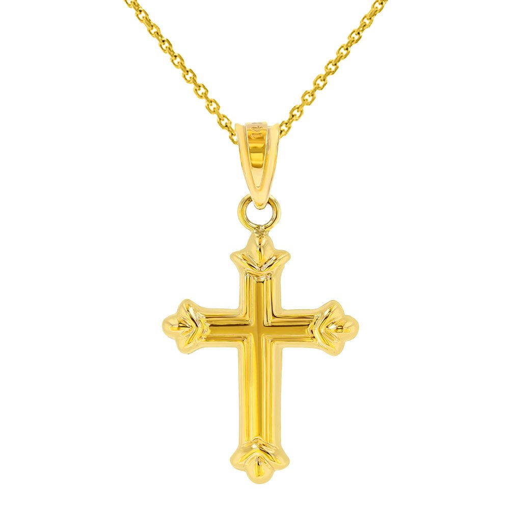 Polished 14k Yellow Gold Fleur de Lis Cross Charm Pendant Necklace