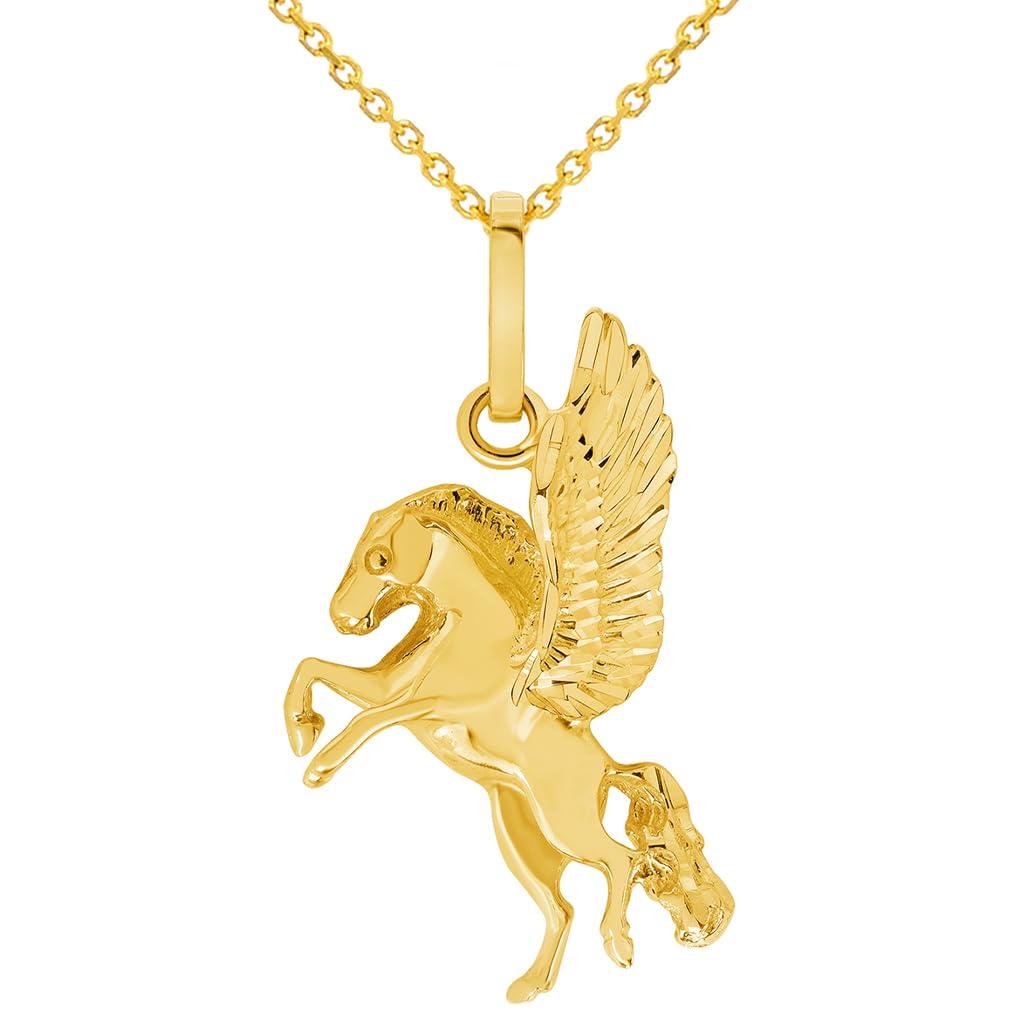 Solid 14k Yellow Gold Flying Pegasus Horse Pendant with Rolo Cable, Cuban Curb, or Figaro Chain Necklace