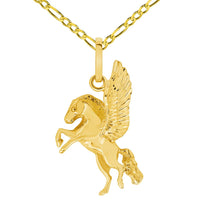 Load image into Gallery viewer, Solid 14k Yellow Gold Flying Pegasus Horse Pendant with Rolo Cable, Cuban Curb, or Figaro Chain Necklace
