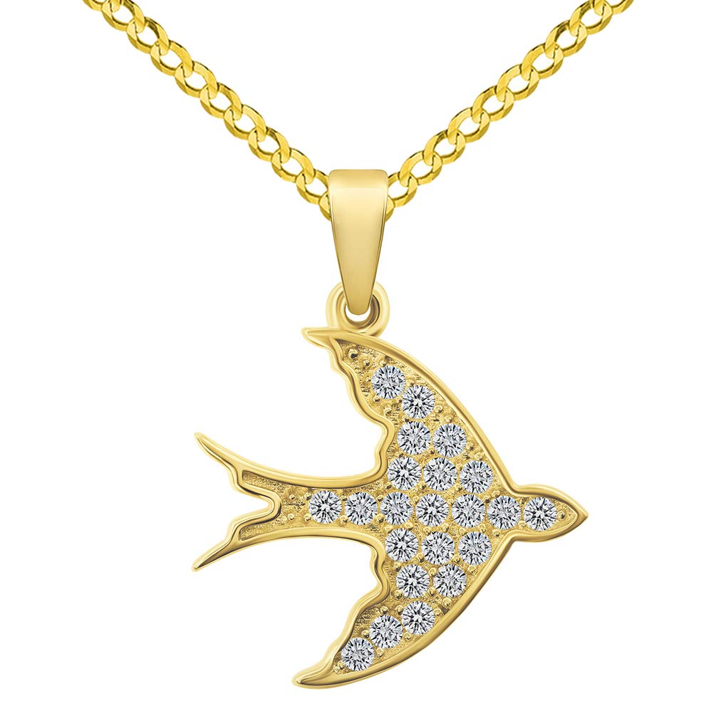 14k Yellow Gold Flying Swallow Bird Animal Pendant with Cuban Curb Chain Necklace