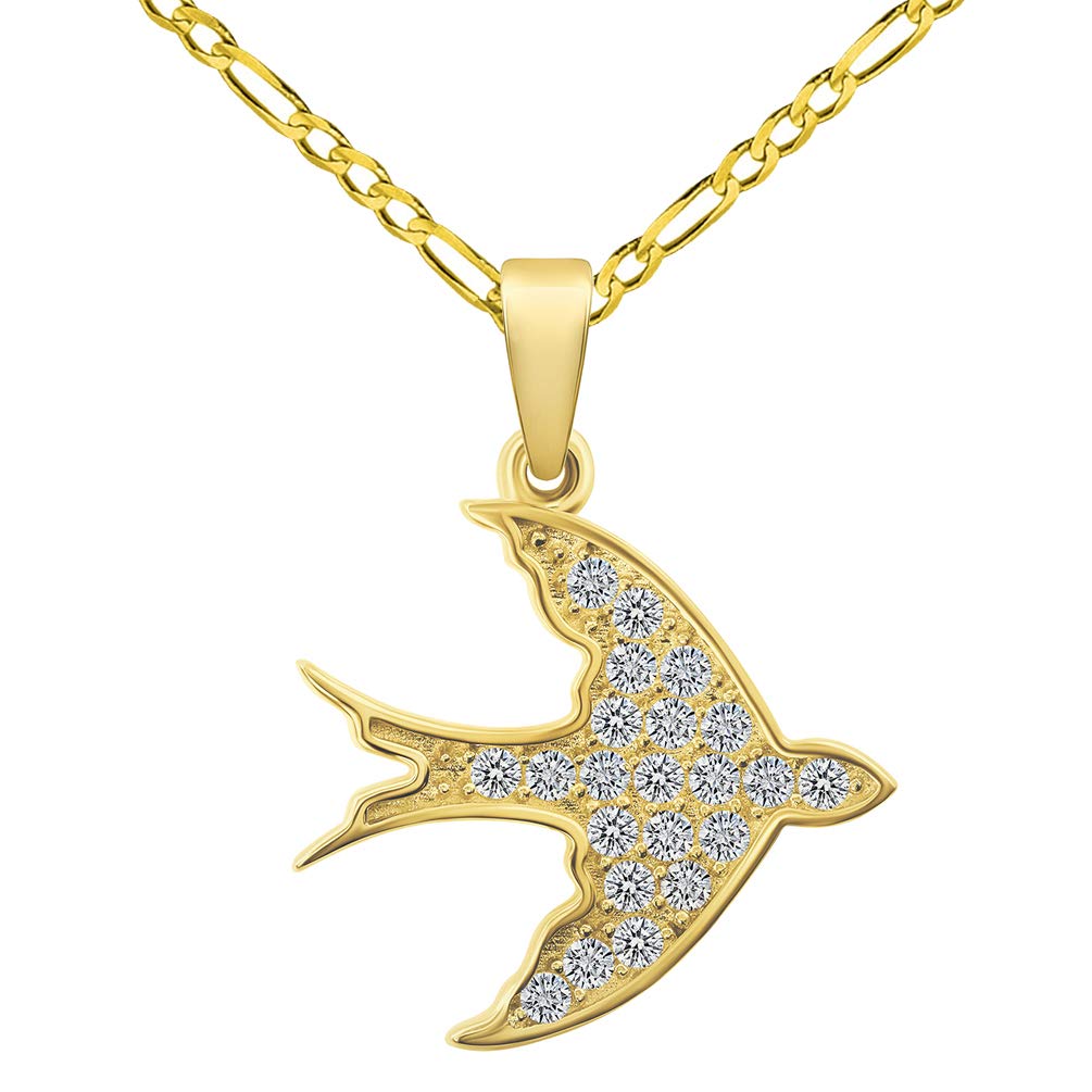 14k Yellow Gold Flying Swallow Bird Animal Pendant with Figaro Chain Necklace