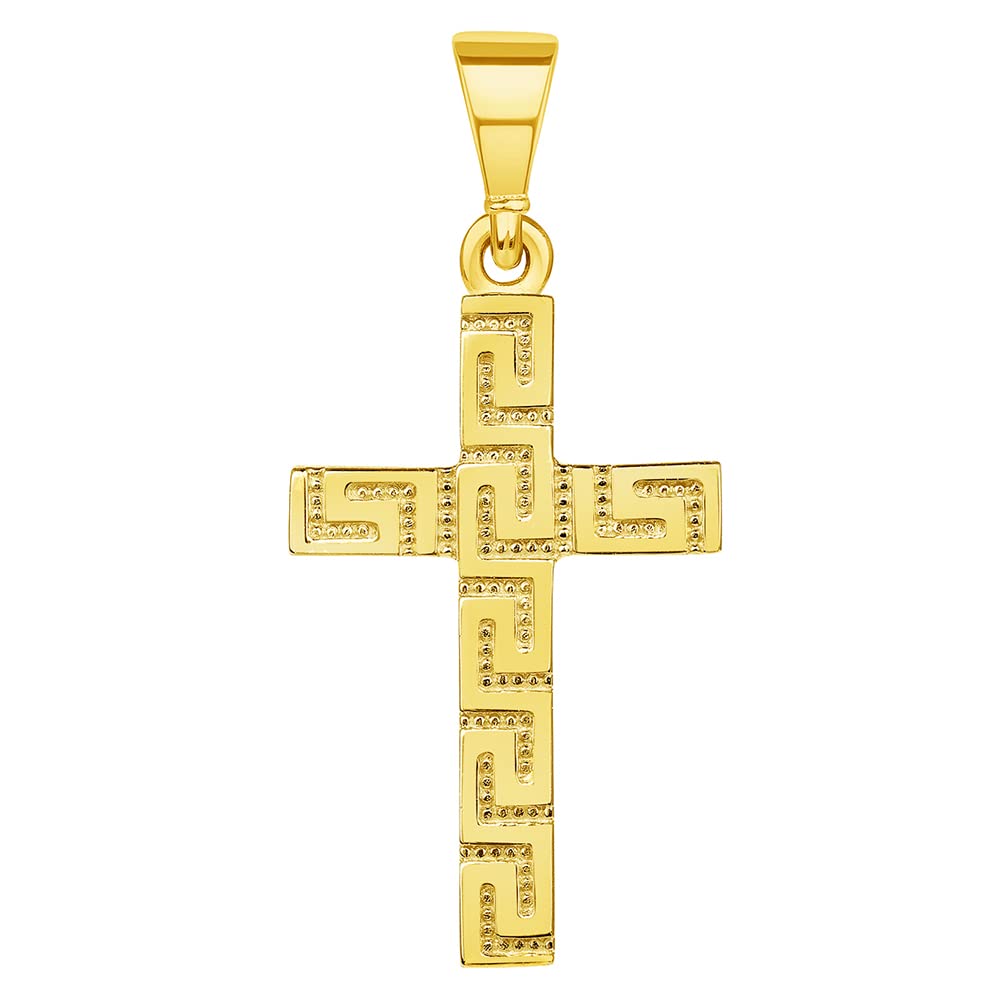 14k Yellow Gold Greek Key Religious Latin Cross Pendant Jewelry