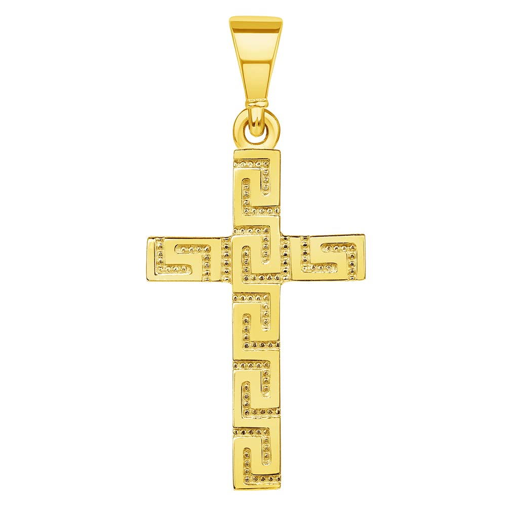 14k Yellow Gold Greek Key Religious Latin Cross Pendant (Reversible)