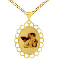 Load image into Gallery viewer, 14k Yellow Gold Guardian Angel Picture Pendant with Cable, Cuban Curb, or Figaro Chain Necklaces
