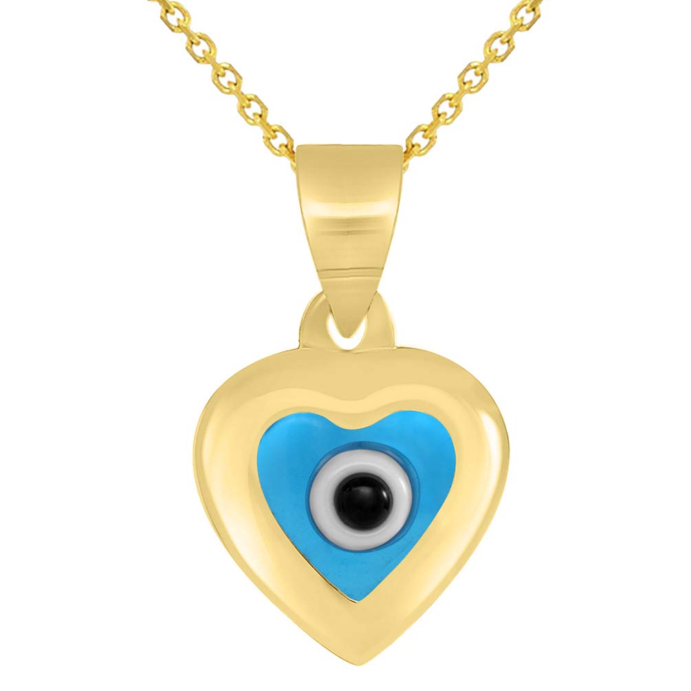 14k Yellow Gold Heart Shaped Blue Evil Eye Charm Pendant Necklace