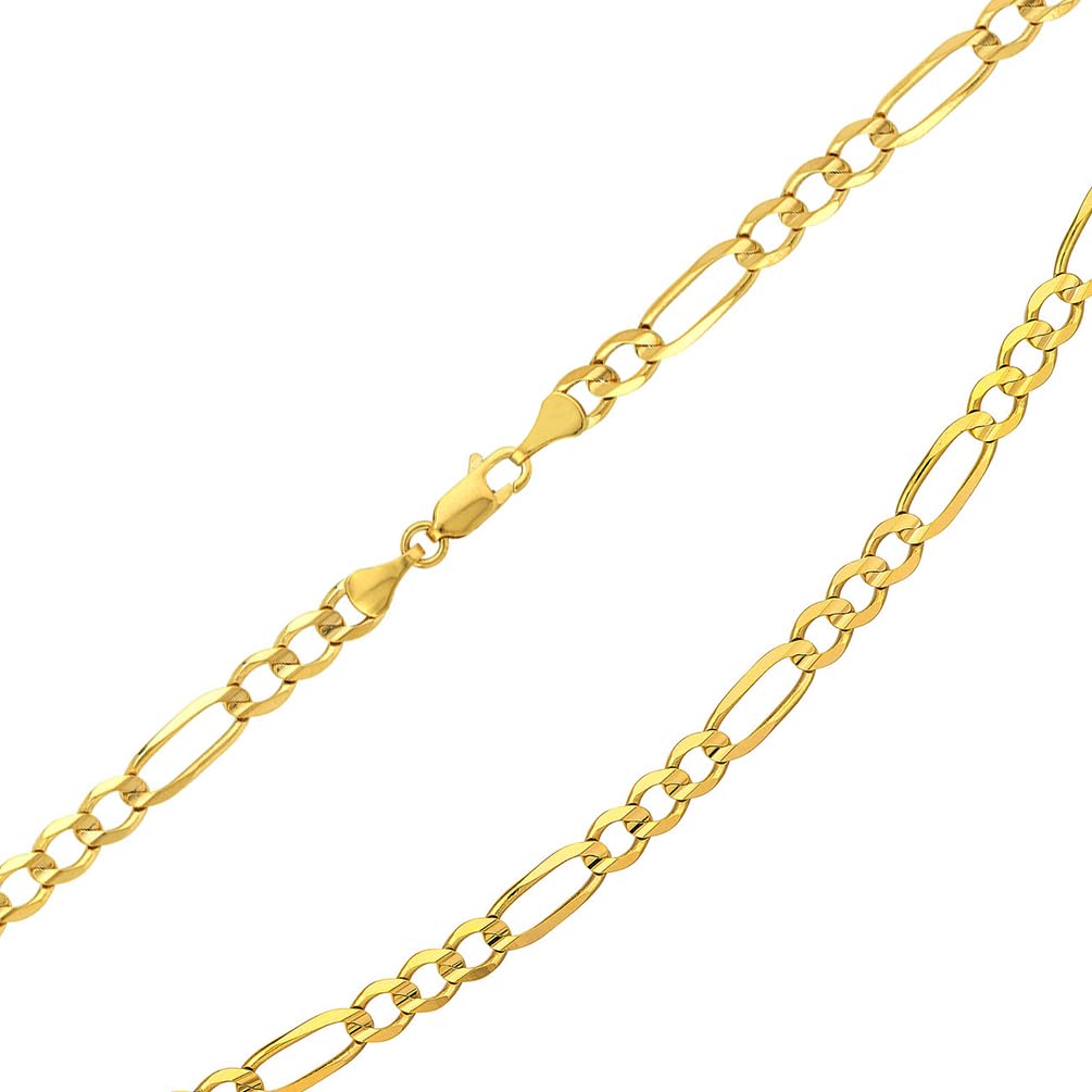 14k Yellow Gold Hollow 4mm Concave Figaro Chain Necklace with Lobster Claw Clasp