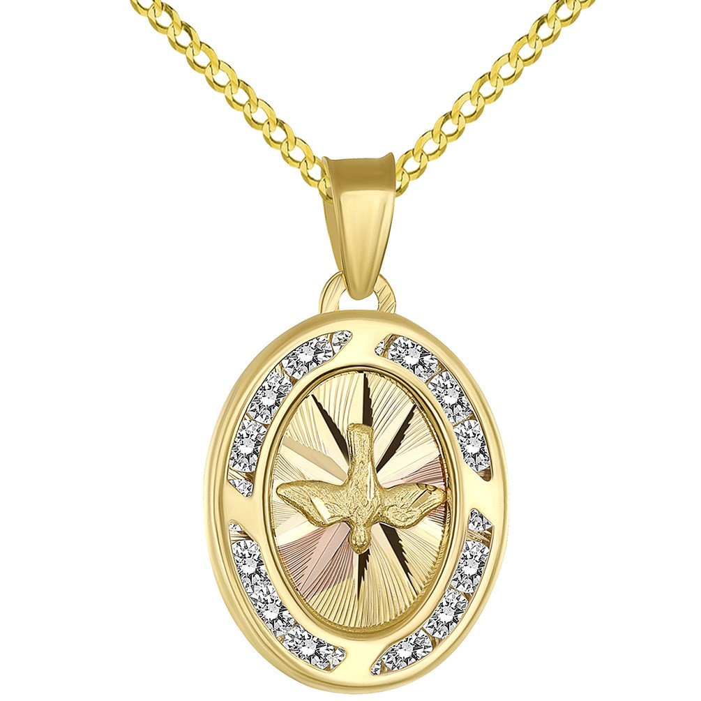Textured 14k Yellow Gold Holy Spirit Dove Medallion Charm Pendant Cuban Necklace Cubic Zirconia Gemstones