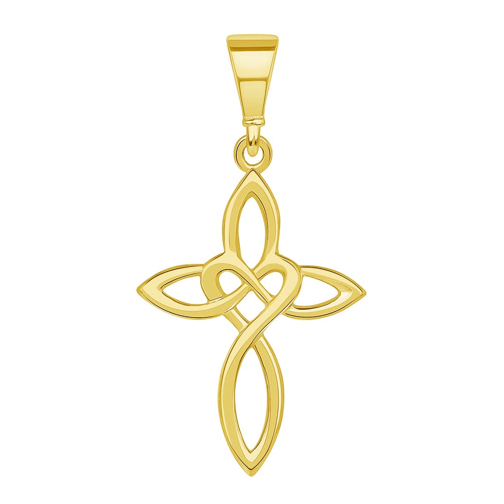 Solid 14k Yellow Gold Irish Celtic Love Knot Heart Cross Pendant