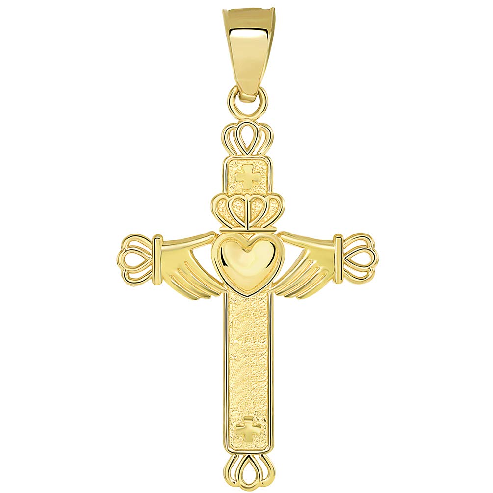 Solid 14k Yellow Gold Irish Claddagh Religious Cross Pendant